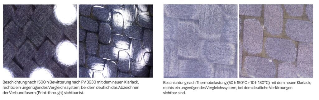 Beschichtung nach 1500 h Bewitterung nach PV 3930 mit dem neuen Klarlack, rechts: ein ungenügendes Vergleichssystem, bei dem deutlich das Abzeichnen der Verbundfasern (Print-through) sichtbar ist.Beschichtung nach Thermobelastung (50 h 150°C + 10 h 180°C) mit dem neuen Klarlack, rechts ein ungenügendes Vergleichssystem, bei dem deutliche Verfärbungen sichtbar sind.